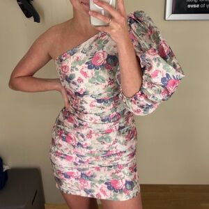 Floral One-Shoulder Puff Sleeve Dress - Pink & Green